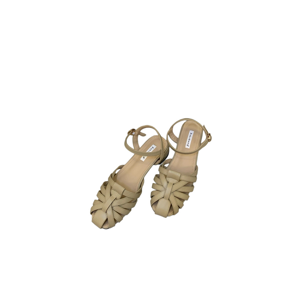 Giày Sandal Dệt TT Gót Dày Rỗng Đế La Mã Giày Nữ Da Thật Thời Trang