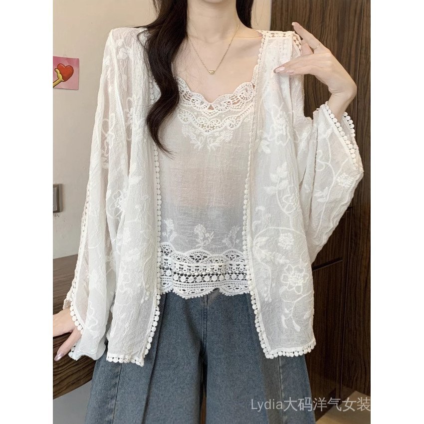 <![CDATA[Áo sơ mi ren thêu hai mảnh plus size -Slimming hiệu quả]]>
