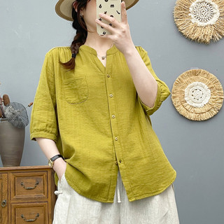 Áo sơ mi nữ cotton cổ chữ V, tay vừa, form rộng nhẹ, phù hợp mùa hè