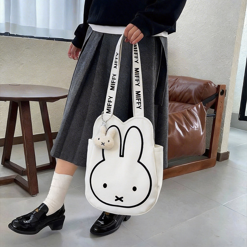 Túi Tote Công Suất Lớn Màu Trắng - Túi Đeo Vai Nữ Hình Miffy Dễ Thương, Túi Vải Đi Học, Đi Lại, Hàn Quốc