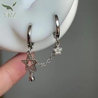 VRZ - Bông tai màu bạc hình ngôi sao với dây xích đôi, xu hướng thời trang Y2K