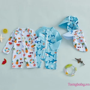 Đồ bơi bé trai tập đi Trái cây in hình cây cọ dài tay cổ tròn bảo vệ phát ban Đồ bơi và bộ mũ chống nắng