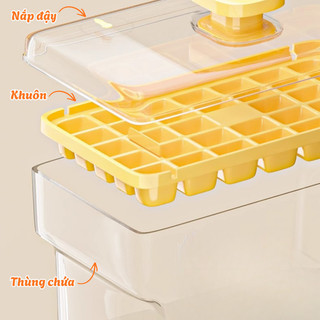 Khay Làm Đá Viên 64 Ô 2 Tầng Có Nắp Nhấn Tiện Lợi, Hộp Làm Đá Thông Minh Chống Mùi, Dễ Dàng Lấy Đá