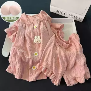 Bộ Đồ Ngủ Nữ Có Miếng Lót Ngực Bong Bóng Cotton Suspender Quần Short Rời Nơ Dễ Thương Hoa Bé Gái Dệt Phù Hợp Với