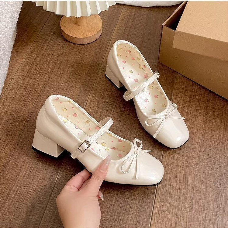 Phong Cách Hàn Quốc Mũi Tròn Màu Trơn Gót Dày Đế Dày Dây Đeo Khóa Phẳng Mary Jane Giày PU Cổ Tích Phong Cách Cao Gót Nhà Máy Giá Bán Buôn