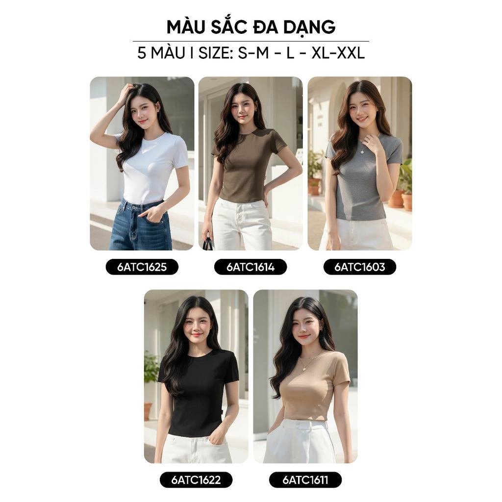 Áo thun nữ CARDINA chất liệu Cotton zip tay cộc cổ tròn basic  6ATC16