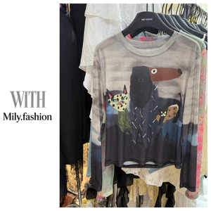 Milyfashion Áo Sơ Mi Nữ Mùa Hè Họa Tiết Động Vật, Tay Dài Ren, Cổ Tròn