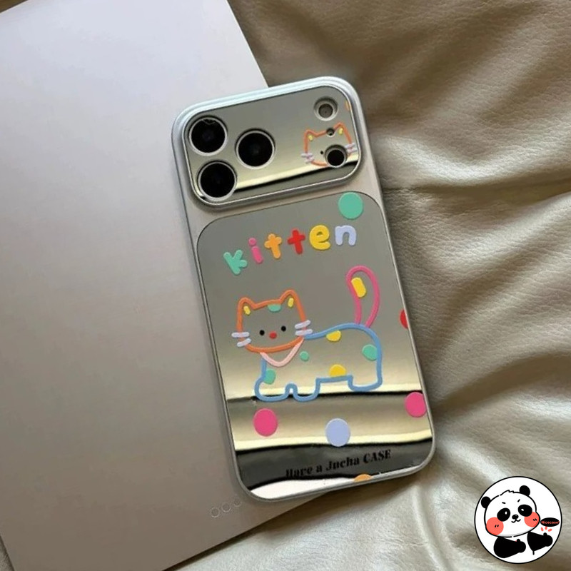 Ốp Điện Thoại Gương Mèo Dễ Thương Ins Style Cho Samsung Galaxy S26 S25 Edge S24 S23 S22 S21 FE Plus Note 20 Ultra A26 A25 A24 A23 5G 4G Vỏ Mềm Hoạt Hình Kitty Bạc