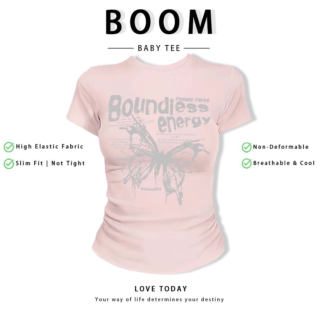 BOOM Áo Baby Tee Nữ Cotton Ôm Body-Áo Thun Ngắn Tay Y2K In Hình PhongCách Mùa Hè, Cổ Tròn Hàng Đầucách hàn quốc phongQ40