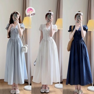 Váy cổ V dáng dài tay phồng phong cách tiểu thư hàn quốc , Váy Maxi Tiểu Thư Dáng Dài Siêu Xinh