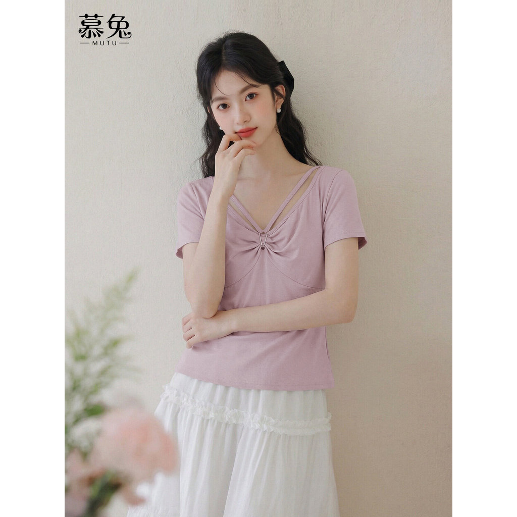 Mutu Pure Desire Style - Áo thun ngắn tay cổ chữ V trắng dành cho nữ, thiết kế độc đáo, phù hợp mùa hè 2026