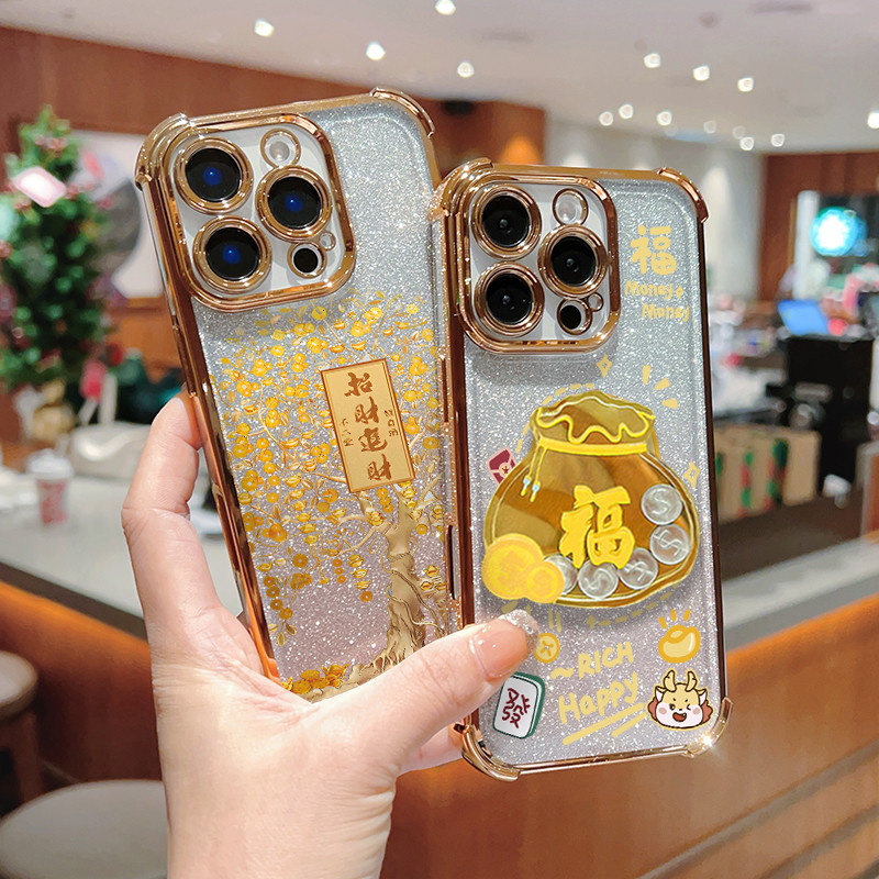 Năm Mới Thần Tài Túi Đựng Tiền Cây Ốp Lưng Điện Thoại Cho Xiaomi 14 14T 15T Pro 15 Ultra Poco X3 X7 Pro NFC M3 M4 F5 X5 X6 Pro 5G Vỏ Tranh Túi Khí Silicon Chống Sốc Sang Trọng Bao