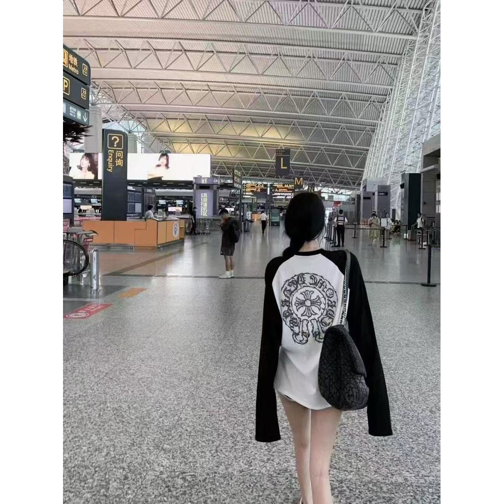 Milyfashion Cotton Nguyên Chất Rời Kích Thước Lớn Tay Raglan Retro In Hình Dài Tay Thiết Kế Niche Đáy Top 7INF