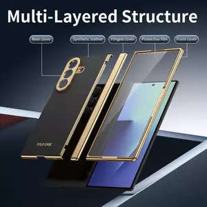 Ốp điện thoại viền vàng da có màng thép cho Samsung Galaxy Z Fold 7 6 5 4 3 Fold6 Bản lề Bảo vệ chống sốc