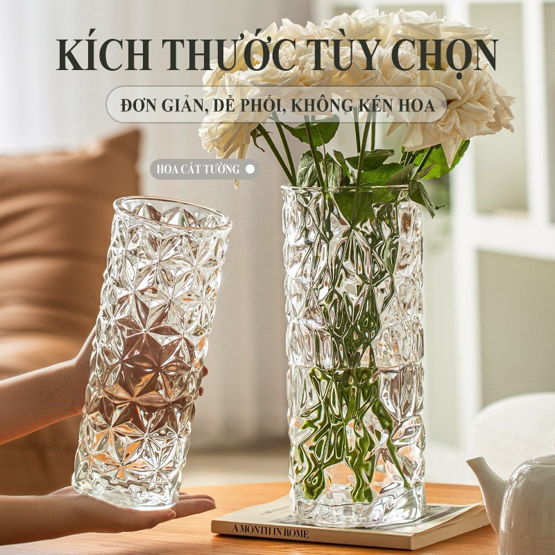 Bình hoa thủy tinh để bàn phong cách hiện đại, thiết kế nhà gờ độc đáo, phù hợp cắm hoa trang trí không gian