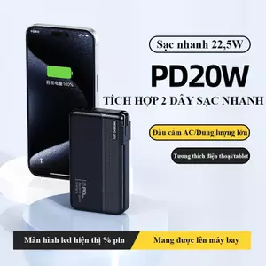 Sạc Dự Phòng 30000mAh 22.5W - Sẵn Chân AC & Cáp TypeC/LN - Sạc Nhanh Đa Năng, Màn Hình LED