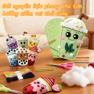 【BabyJoy】Set DIY trà sữa siêu xinh,Bộ dụng cụ tự làm thêu,làm móc khóa treo túi,Kèm Len, Kim An Toàn & Phụ Kiện