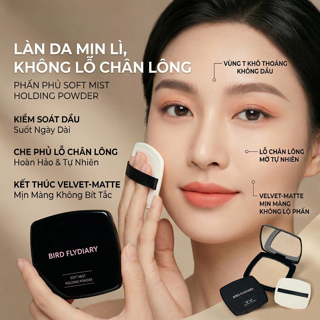 BFD Phấn Phủ Powder Nén Dưỡng Ẩm Không Khô Da Kiềm Dầu Mịn Lì Tự Nhiên Che Lỗ Chân Lông Bền Màu 9g