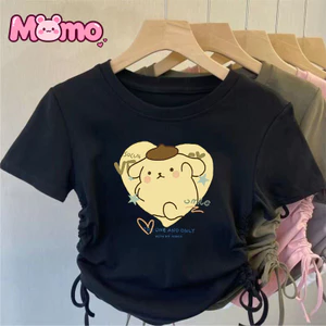 Áo trẻ em cổ tròn ngắn tay dây rút in hình hoạt hình Sanrio dành cho bé gái