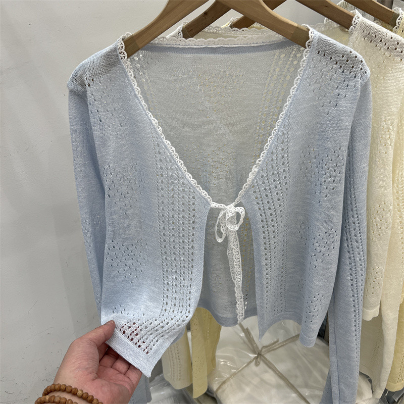 SUXI Mùa hè mới dành cho nữ màu trơn nhẹ nhàng đơn giản Áo dệt kim buộc dây đơn giản 260415