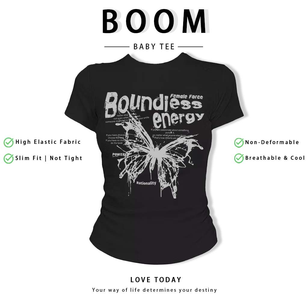 BOOM Áo Baby Tee Nữ Cotton Ôm Body-Áo Thun Ngắn Tay Y2K In Hình PhongCách Mùa Hè, Cổ Tròn Hàng Đầucách hàn quốc phongQ40