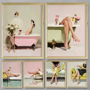 Pastel Self-Care Canvas Painting Chic Woman with Cocktail Modern Art Home Wall Decor Canvas Poster