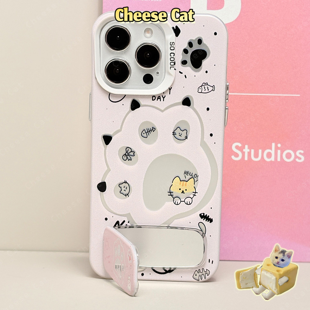 Móng Vuốt Mèo Trắng Hồng Cho iPhone 13 14 15 12 11 16 17 Pro Max 16E Xs Max XR 7Plus Vỏ Điện Thoại Có Chân Đế Gương