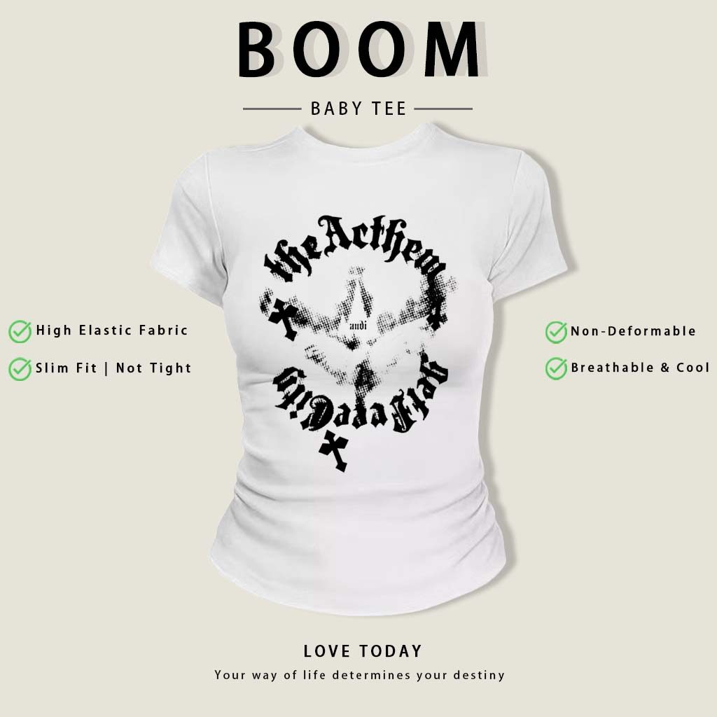 BOOM Áo Baby Tee Nữ Cotton Ôm Body-Áo Thun Ngắn Tay Y2K In Hình PhongCách Mùa Hè, Cổ Tròn Hàng Đầucách hàn quốc phongW10