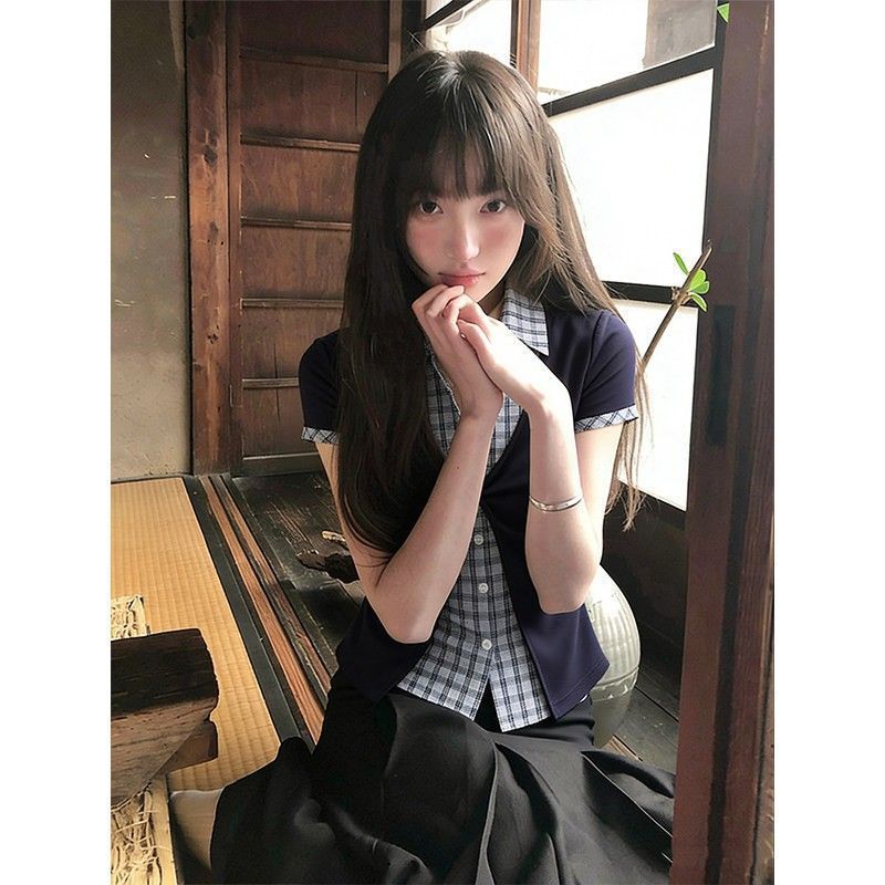 Preppy Phong Cách Giả Hai Mảnh Áo Sơ Mi Tay Ngắn Nữ Mùa Hè Tương Phản Màu Khâu Kẻ Sọc Trang Trọng Áo Sơ Mi Vai Slim @ -
