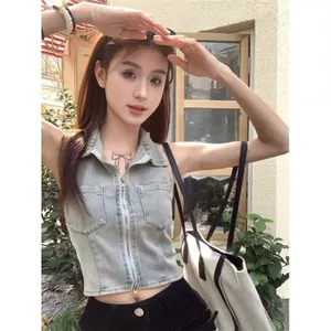Mùa hè Phong cách Vintage Áo Vest Jean Hở Lưng Slim-fit dành cho Nữ