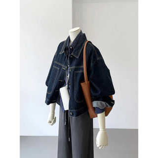Áo khoác denim nữ retro màu xanh hải quân, ngực túi lớn, thiết kế lớp rời