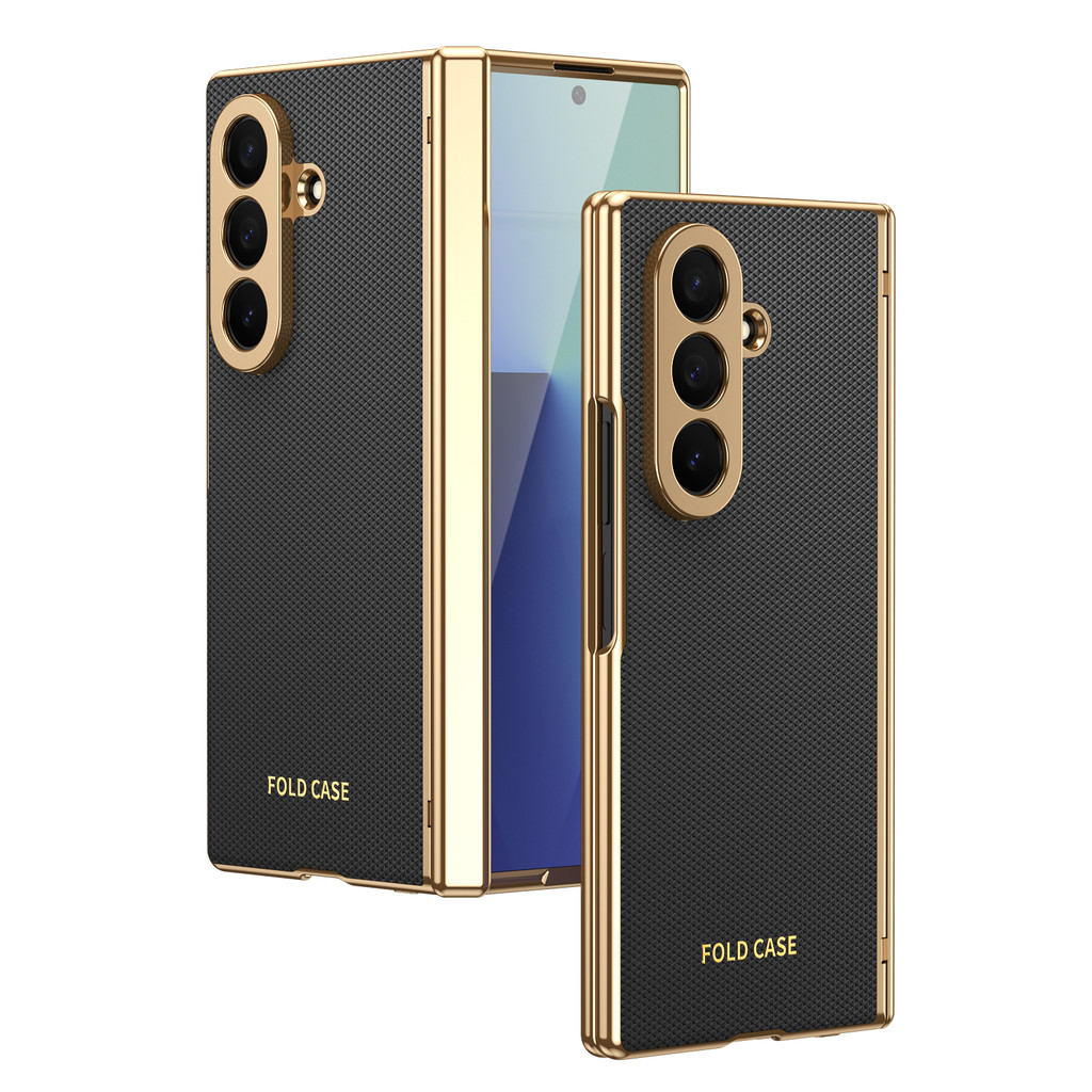 Ốp điện thoại viền vàng da có màng thép cho Samsung Galaxy Z Fold 7 6 5 4 3 Fold6 Bản lề Bảo vệ chống sốc