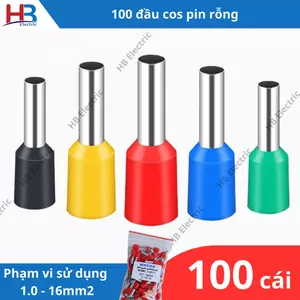 100 Đầu cos kim rỗng - cos PIN đấu dây điện Đầu cos pin rỗng VE dùng cho dây điện từ 0.5mm2 - 16mm2