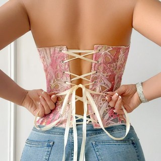 Corset nữ không co giãn, thêu hoa tinh xảo, có nẹp belly định hình cơ thể, thiết kế lưng dây đẹp quyến rũ