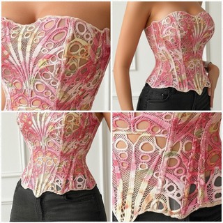 Corset nữ không co giãn, thêu hoa tinh xảo, có nẹp belly định hình cơ thể, thiết kế lưng dây đẹp quyến rũ
