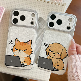 Ốp điện thoại Grumpy Puppy Cat Worker cho iPhone 17 / 16 / Pro Max / 15Plus / 14 / 13 / 12 / 11 / Kết cấu da phủ kim loại Vỏ bảo vệ chống sốc và chống rơi