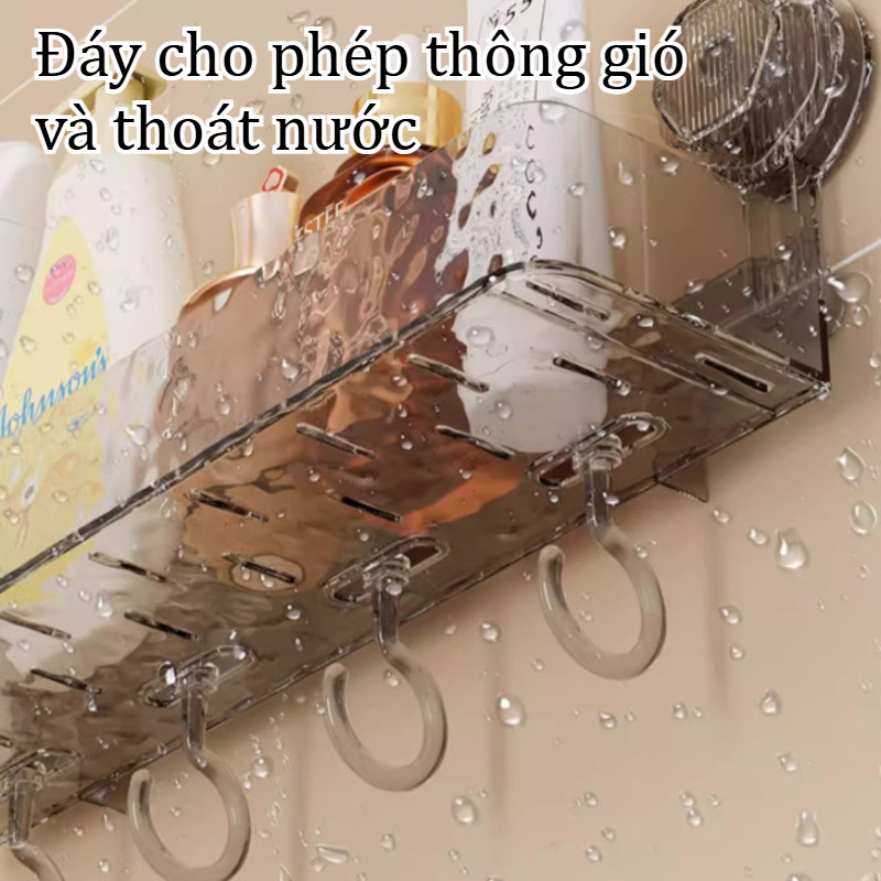 Kệ để đồ Nhà Tắm Hút Chân Không, Dán Tường,Vật Liệu Trong Suốt Có Móc Treo, đựng Dầu Gội Sữa Tắm, Phụ Kiện