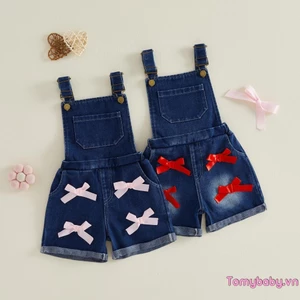 Bộ áo liền quần Denim không tay nơ phía trước có túi