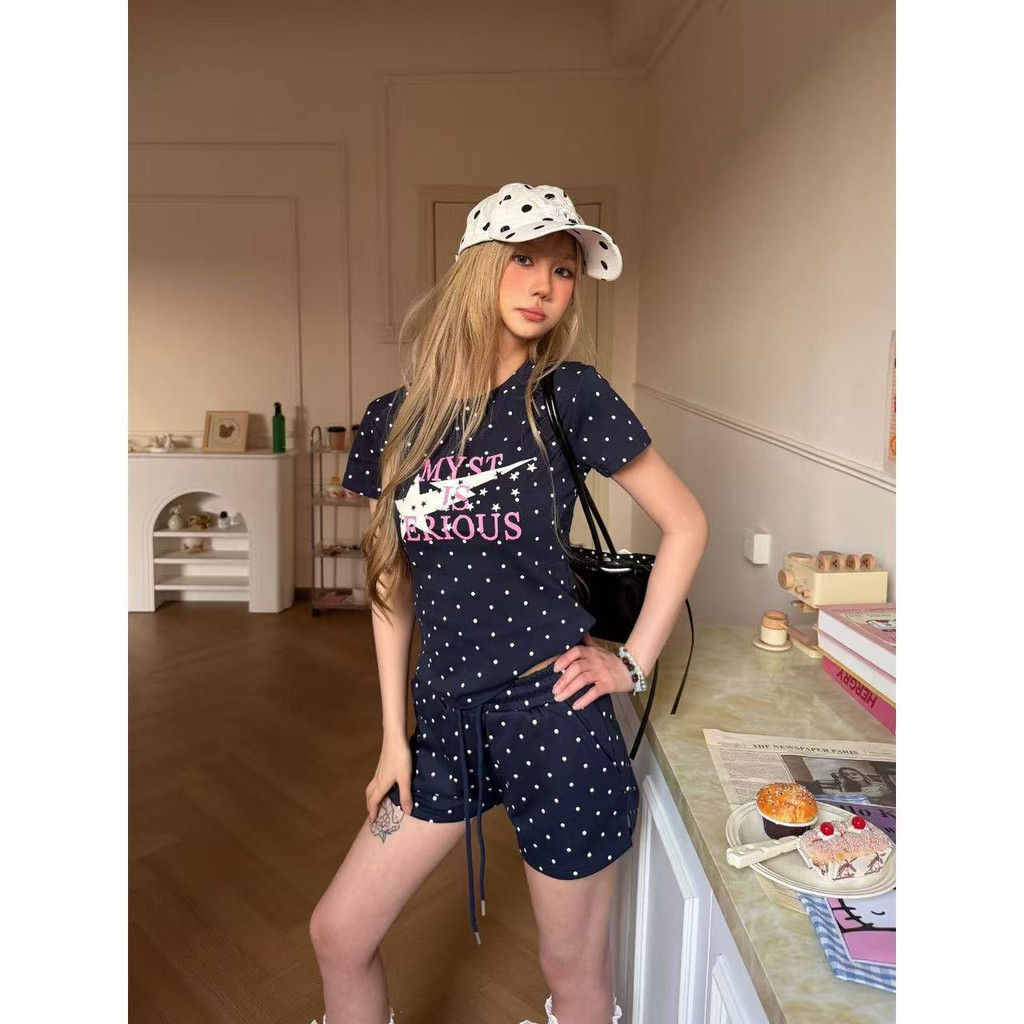 Áo Thun Đầm polka dot cổ tròn phong cách Hàn Quốc, chính hãng, phù hợp mặc hàng ngày mùa hè