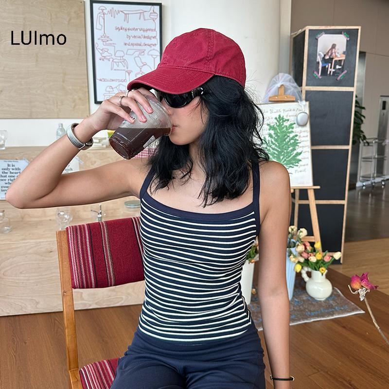 Camisole nữ retro màu sắc tương phản sọc, không tay ngắn, phù hợp mùa hè