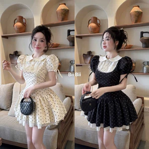 ĐẦM CHẤM BI CỔ SEN NƠ LAI REN 3 BYJOLIE