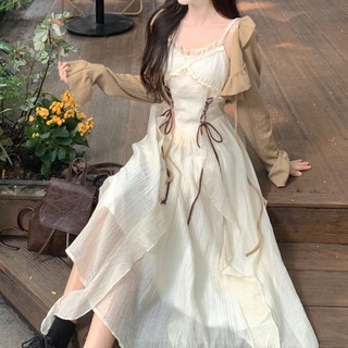 Bộ Váy hai dây dài phong cách bohemian + áo cardigan trẻ trung đa năng cho Nữ mùa Hè