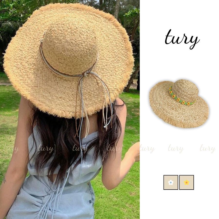 Nón Cói Nữ - Tury - Mũ Cói Vành To Phối Dây Hoa - NC091
