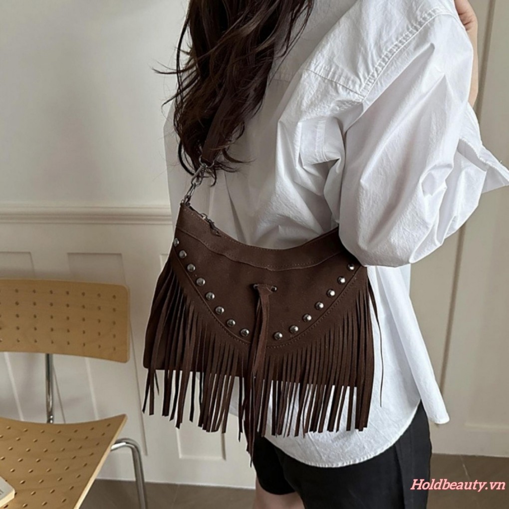 [Wxv2] Túi đeo chéo tua rua Bohemian giả da lộn cổ điển Đinh tán có dây kéo Túi đeo vai
