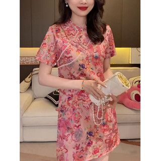 Bộ đồ mùa hè mới dành cho nữ: áo ngắn tay cổ đứng, in họa tiết satin, ôm eo và quần short cạp cao