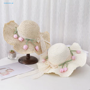 Mũ đi biển rơm cho nữ, gập dễ dàng với viền sóng ren, phong cách Pháp - phù hợp du lịch mùa hè
