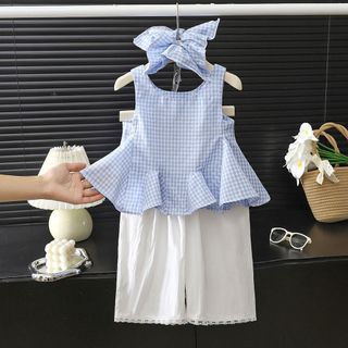 Bộ đồ cho bé gái – Áo sát nách kẻ caro phối quần lửng, kèm băng đô dễ thương, phong cách Hàn hè