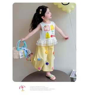 Bộ đồ cho bé gái – Áo sát nách phối quần ống rộng hoa nổi dễ thương, thoáng khí, phong cách Hàn hè