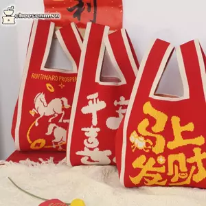 Cheenm Năm Ngựa Túi Dệt Kim Dung Tích Lớn Di Động Năm Mới Túi Xách Dệt Phong Cách Thường Ngày Túi Tote Có Thể Tái Sử Dụng Túi Mua Sắm VN