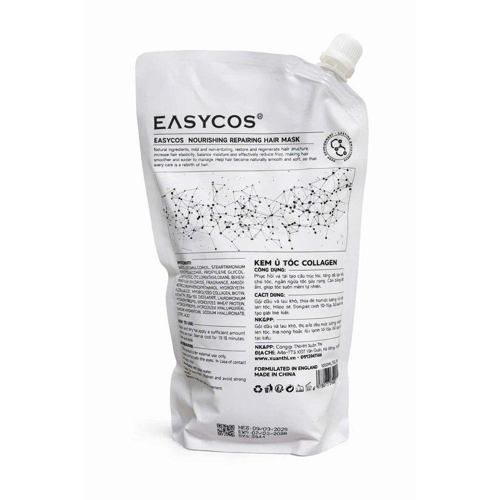 Kem Ủ Tóc Collagen EASYCOS 1000ml Phục Hồi Tóc Hư Tổn, Giảm Gãy Rụng, Giúp Tóc Suôn Mượt Chuẩn Salon